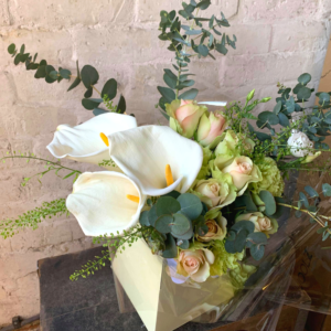 Bouquet hand tied extra large roses cala lily roses eycalyptus carnations by HM Floristry