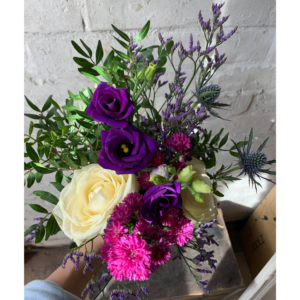 Bouquet hand tied medium roses lisianthus sea lavendar sea holly v3 by HM Floristry