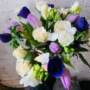 Bouquet hand tied roses tulips freesia anemone by HM Floristry